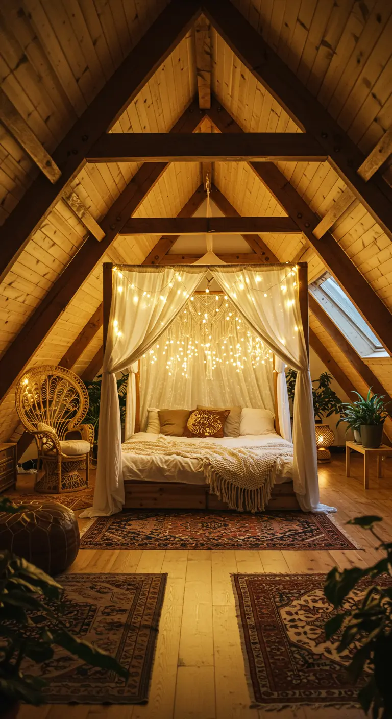 Houten hemelbed op zolder, versierd met lichtjes, doeken en macramé.