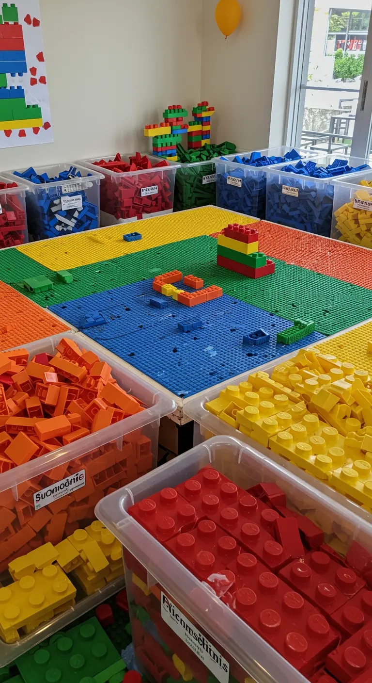 Grote bakken met Lego-blokjes gesorteerd op kleur, met bouwplaten op een tafel.