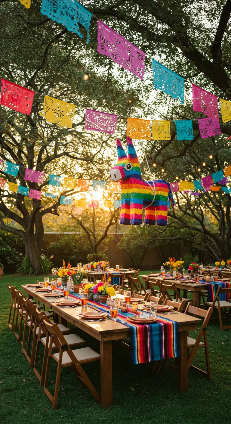 Tuinfeest met lange tafels, kleurrijke papel picado en een piñata.