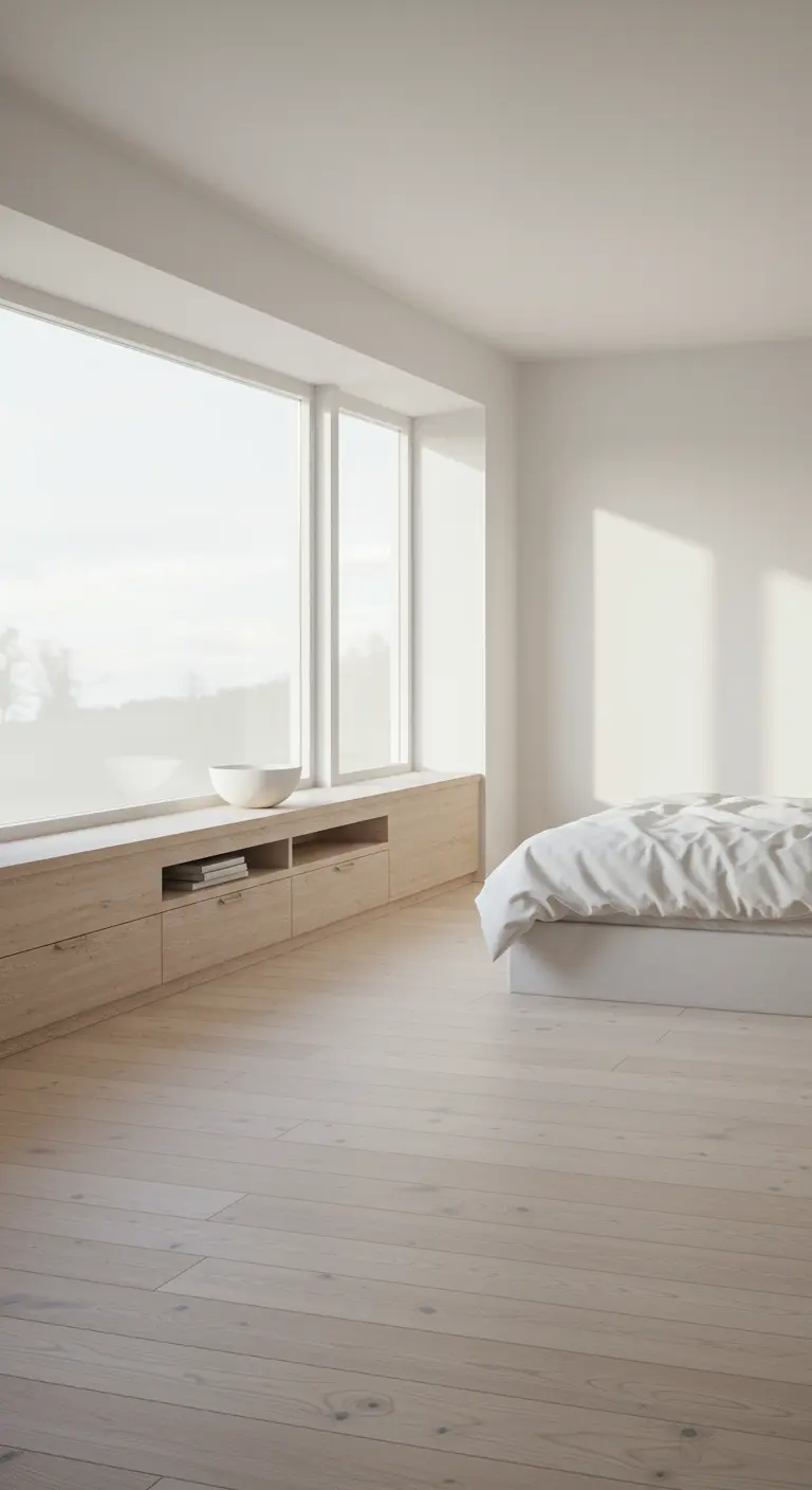 Ruime slaapkamer met grote ramen, houten bank onder venster, laag bed en witte muren.
