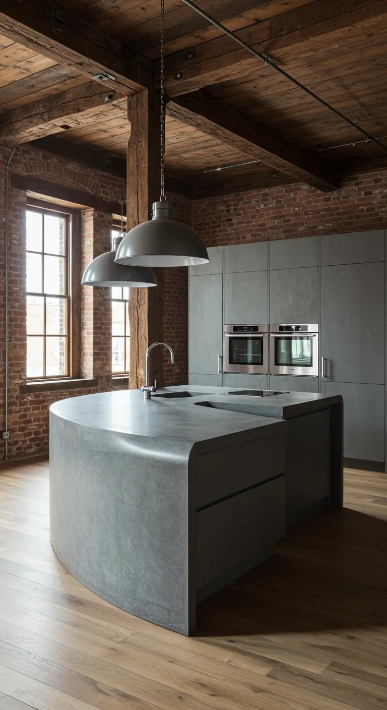 Keuken met een groot, gebogen kookeiland van beton in een industriële ruimte.