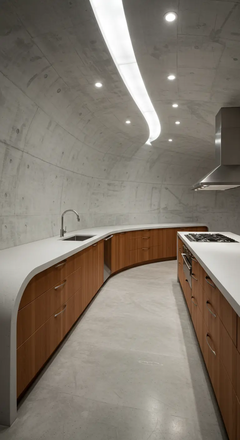 Unieke keuken met gebogen betonnen muren en meelopende houten kasten en aanrecht.