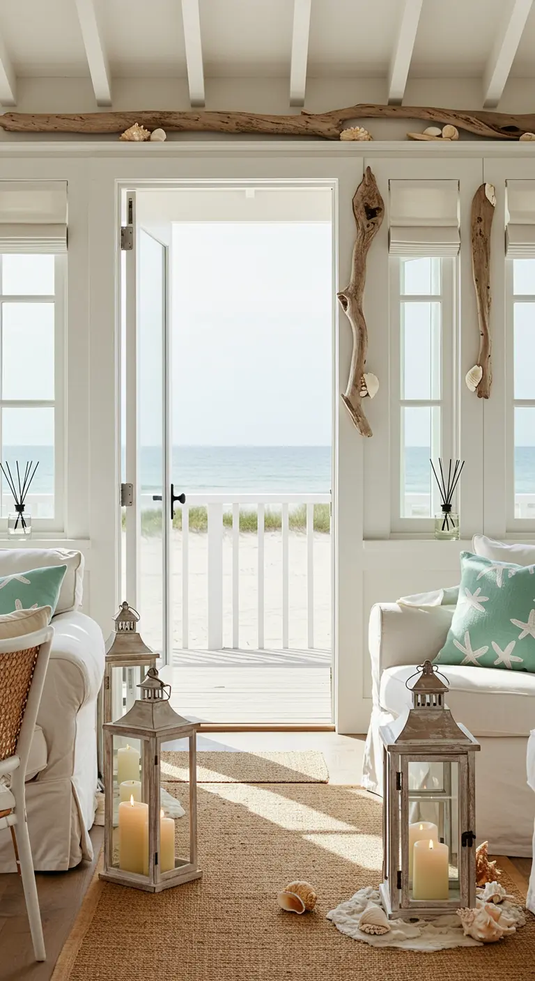 Lichte woonkamer met uitzicht op zee, lantaarns en drijfhout.
