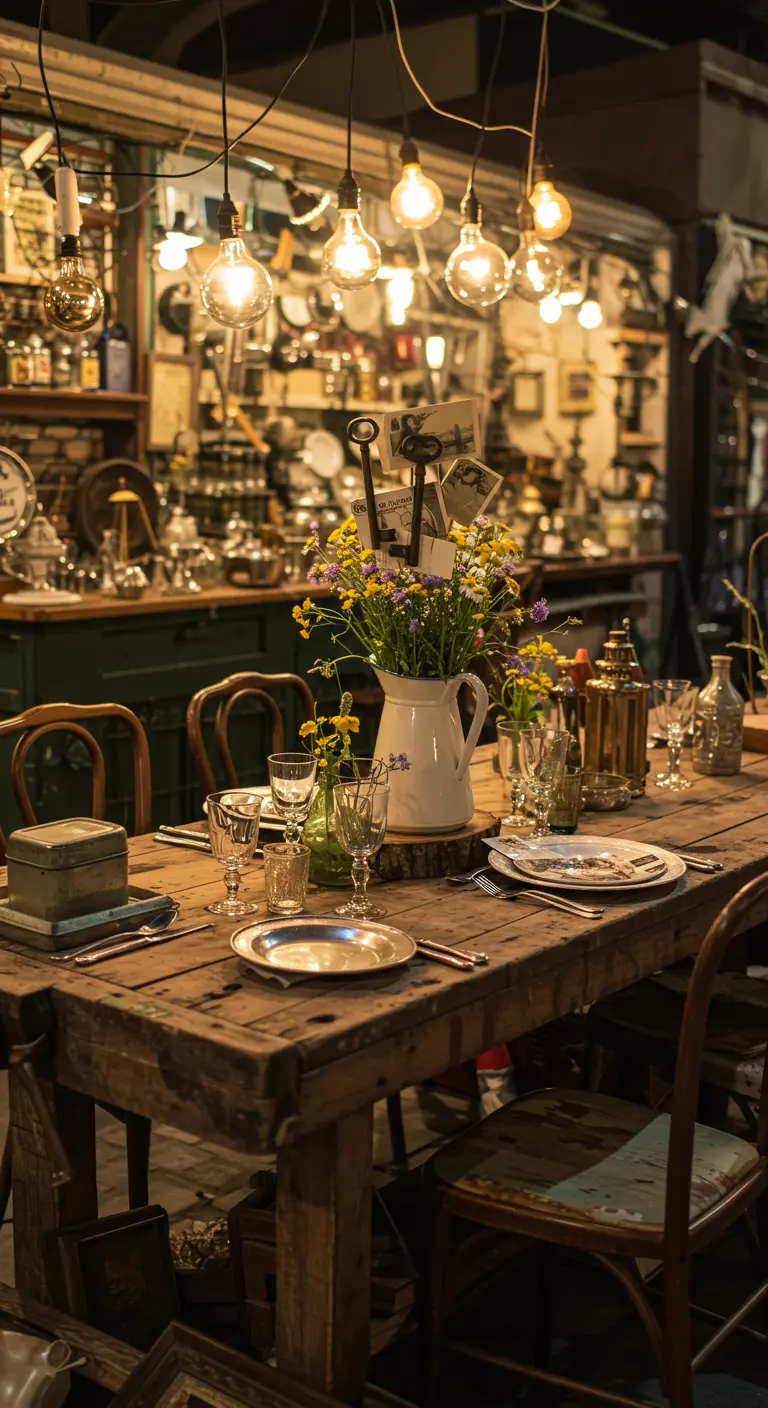 Rustieke houten tafel in een brocante setting met vintage objecten en hangende peertjes.