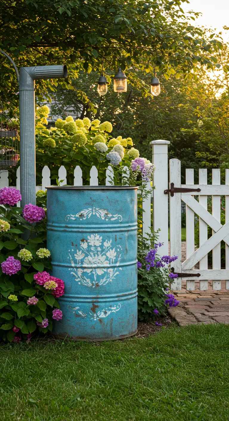 Blauwe metalen regenton met wit sierlijk patroon, staand bij een wit hekje en bloeiende hortensia's.