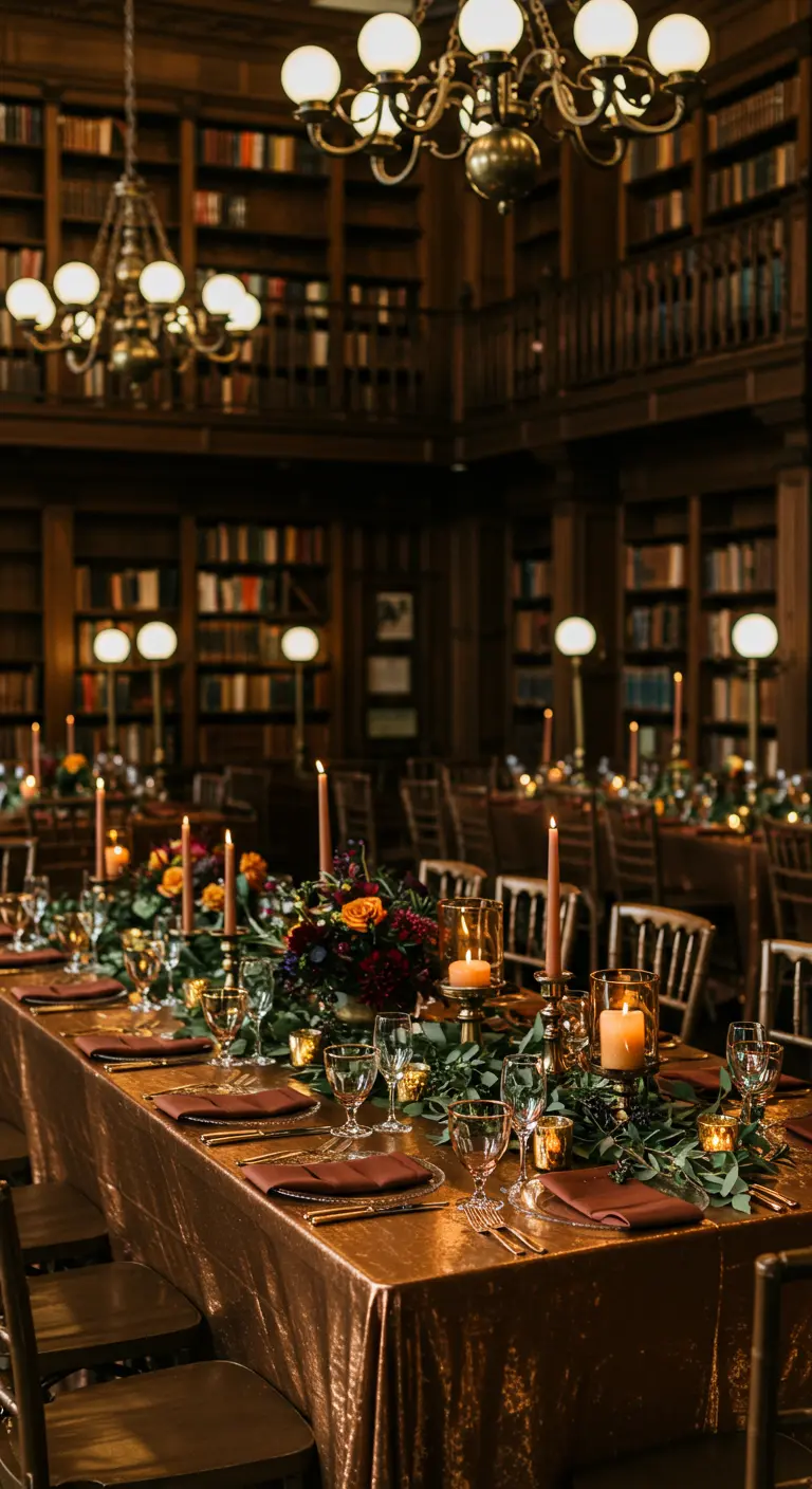 Lange tafels met bronzen lopers, robijnrode bloemen en kaarsen in een klassieke bibliotheek.
