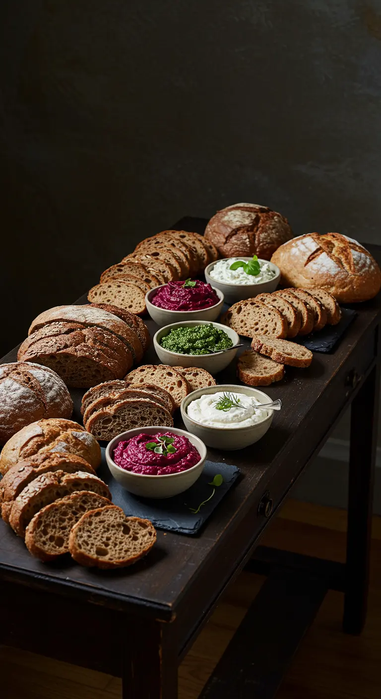 Verschillende soorten brood en kleurrijke dips in kommetjes op een donkere tafel.