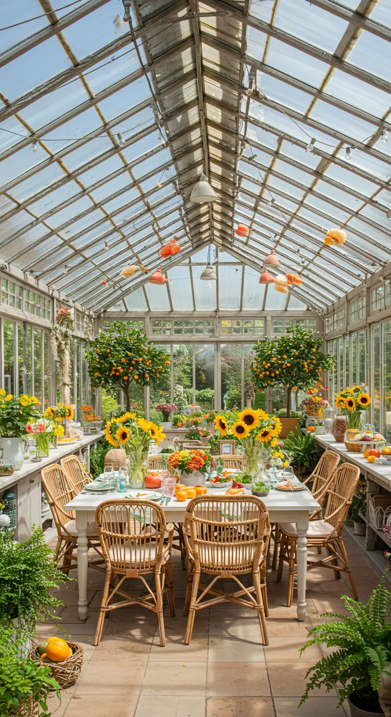 Lichte serre met veel planten, zonnebloemen en een brunchtafel.