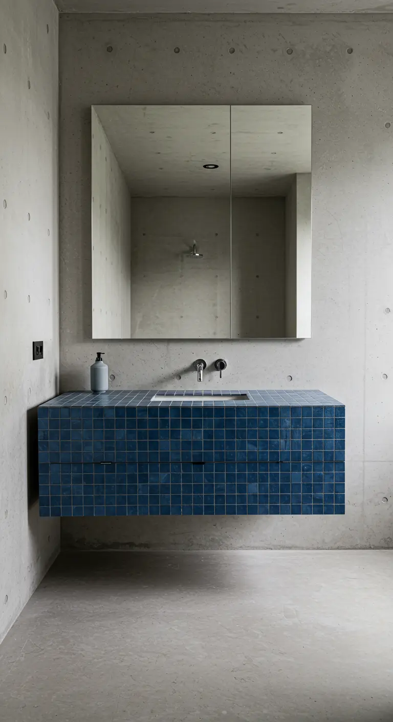 Zwevend wastafelmeubel bekleed met blauwe zelliges tegen een ruwe betonnen wand.