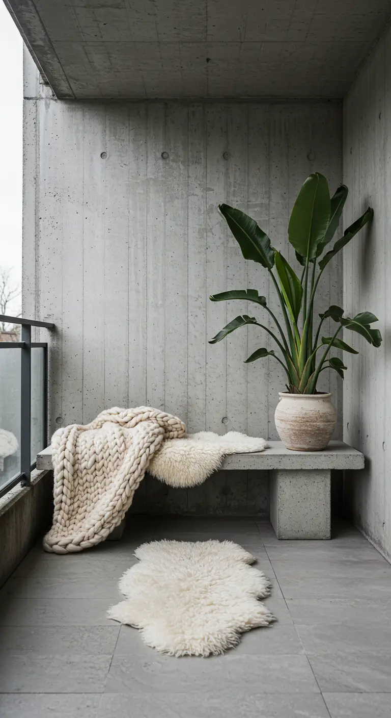 Minimalistisch balkon met betonnen muren en bank, verzacht met een chunky plaid en schapenvachtjes.