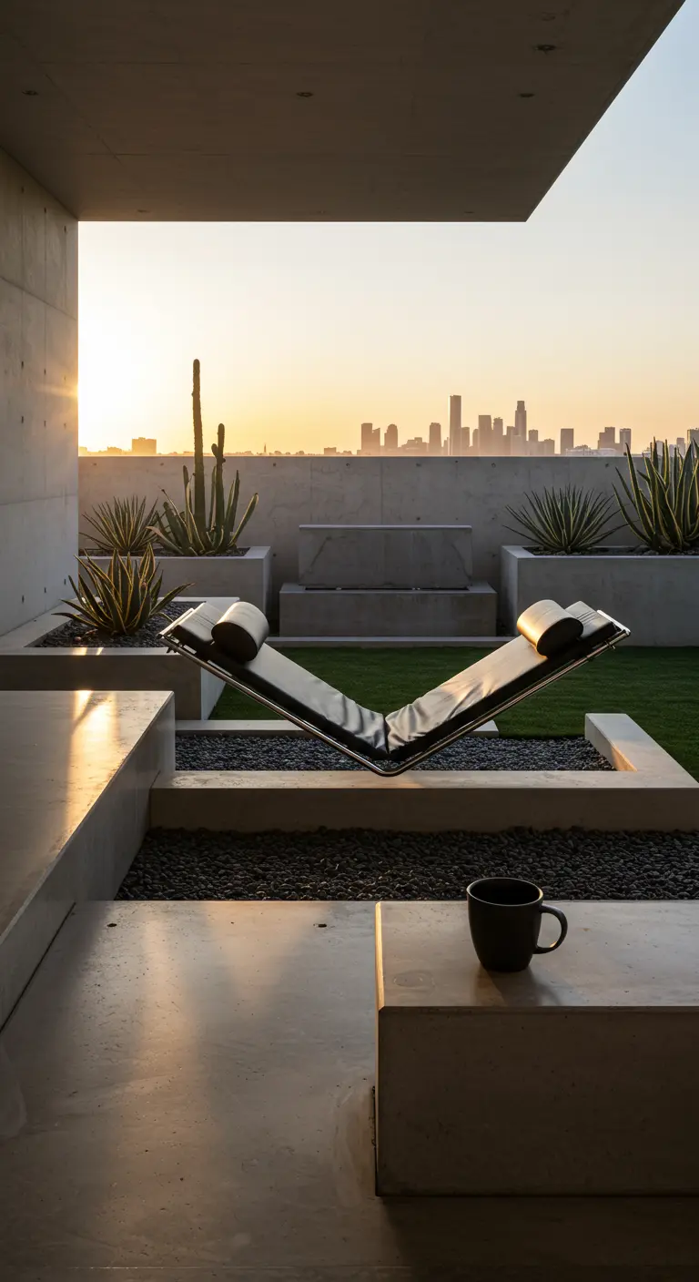 Zwarte chaise lounge op betonnen dakterras met stadsskyline en woestijnplanten bij zonsopgang.