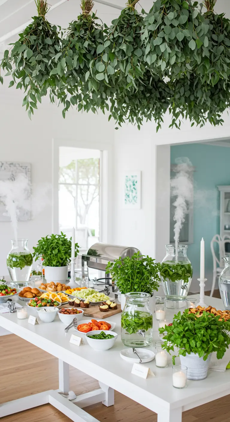 Buffet met hangende eucalyptustakken en dampende kannen muntwater.