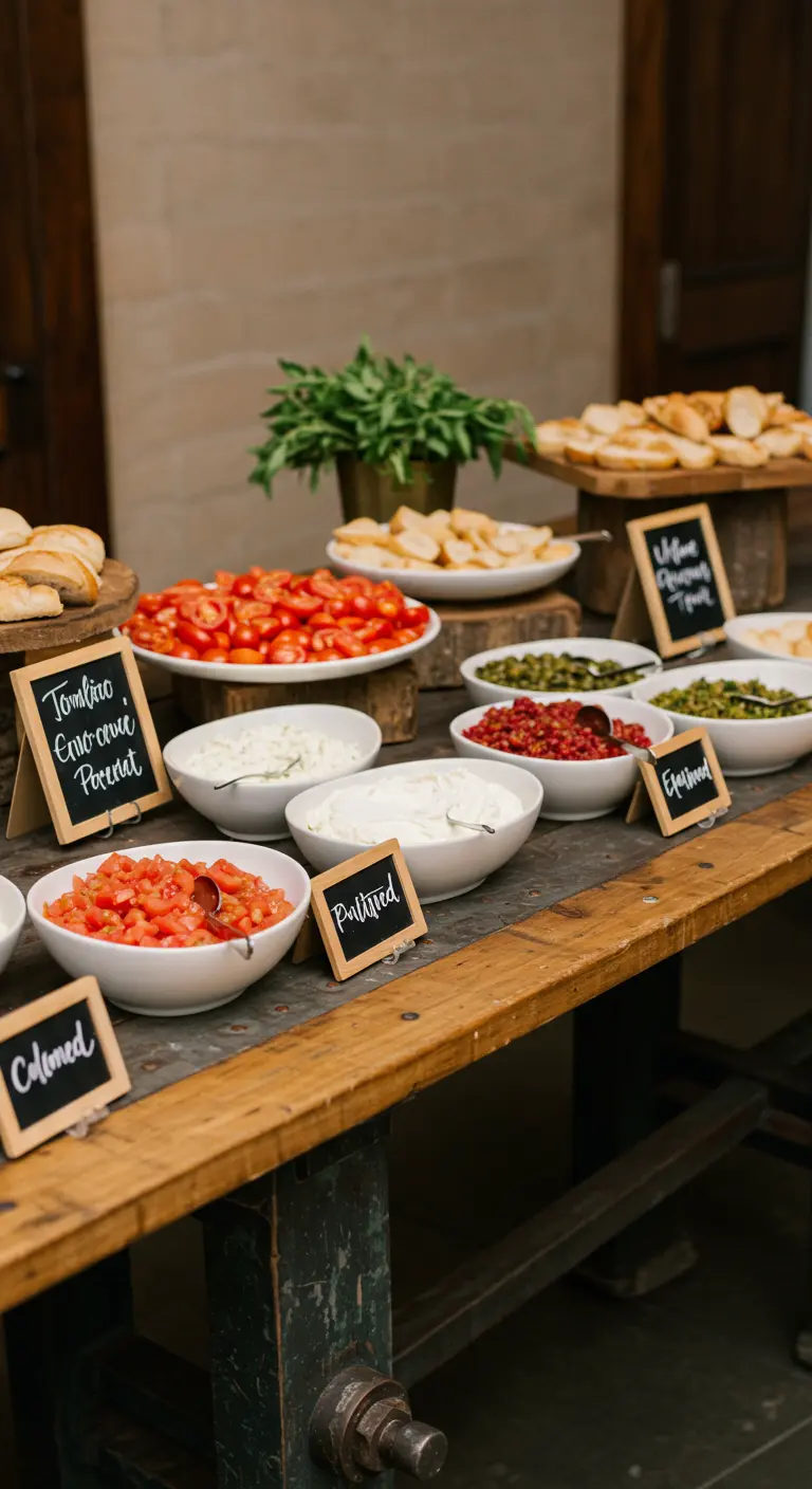 Rustiek buffet op een oude houten werkbank met schalen vol eten.