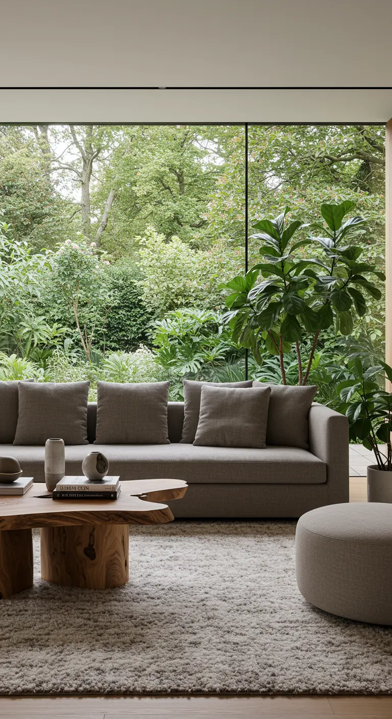 Moderne woonkamer met grote ramen die uitkijken op een weelderige tuin.
