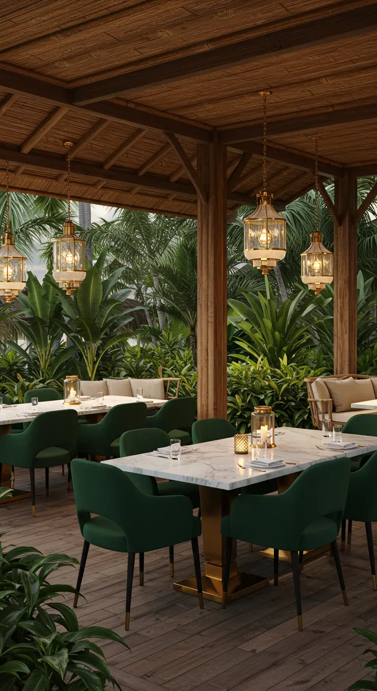 Luxe overdekt terras met marmeren tafels, diepgroene fluwelen stoelen en omringd door tropische planten.