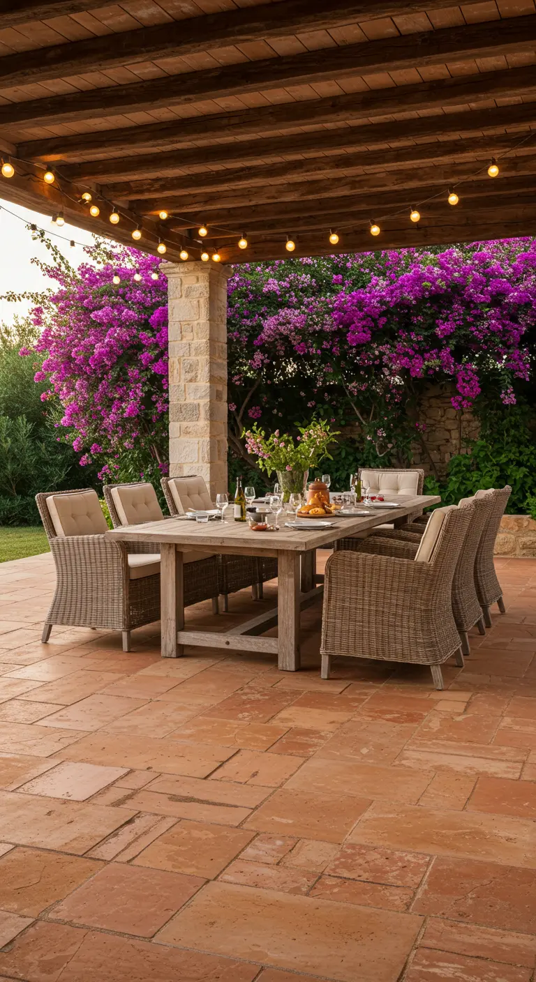 Terras met terracotta tegels, een houten eethoek en een overkapping met lichtsnoeren.