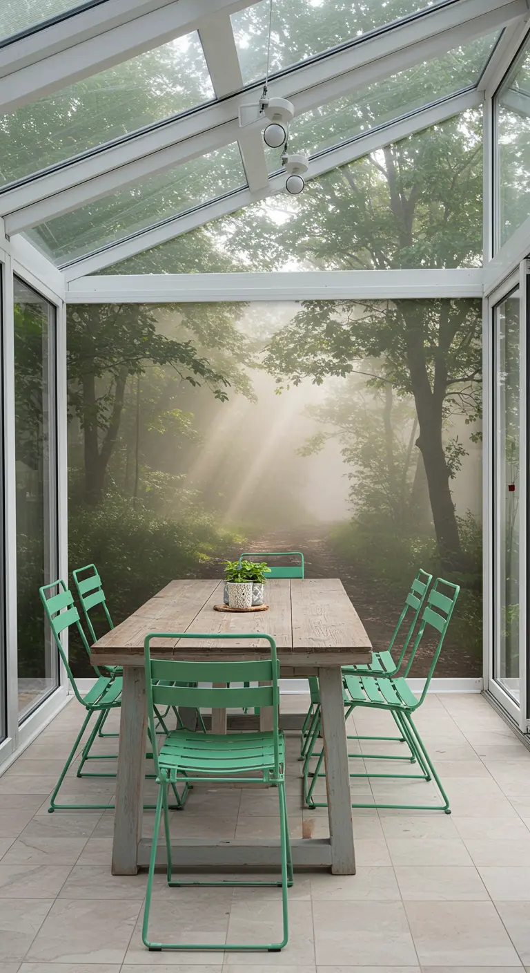 Eetkamer in een serre met een muurvullende foto van een zonnig bospad.
