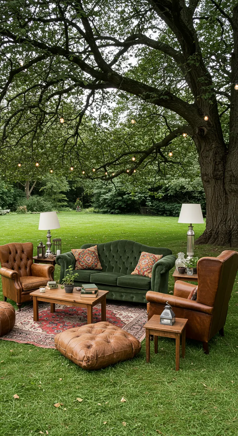 Buiten lounge onder boom met groene Chesterfield bank, leren fauteuils en vloerkleed.