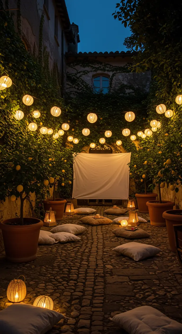 Buitenbioscoopopstelling met een wit scherm, kussens op de grond en lampionnen in citroenbomen.