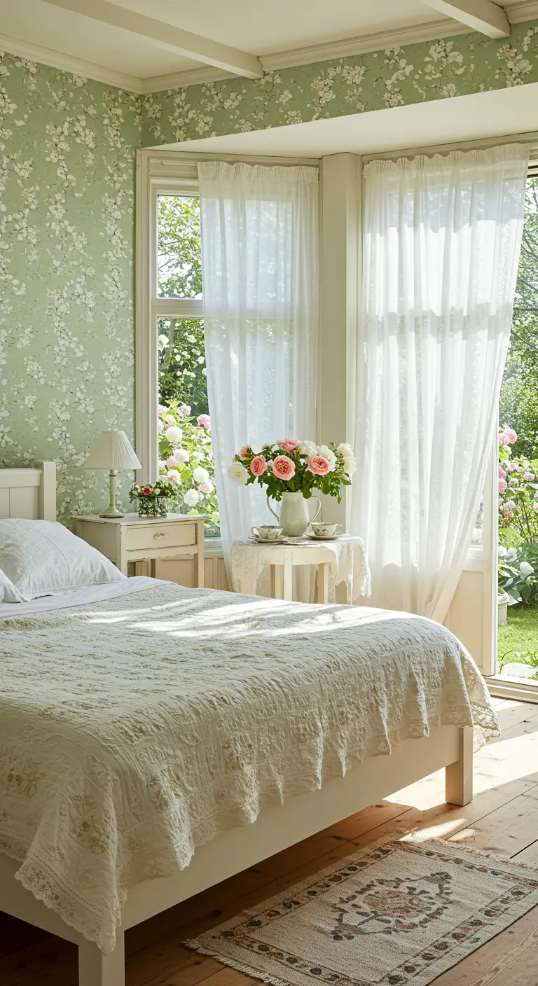 Lichte slaapkamer met lichtgroen bloemenbehang, witte beddengoed en tuinzicht.