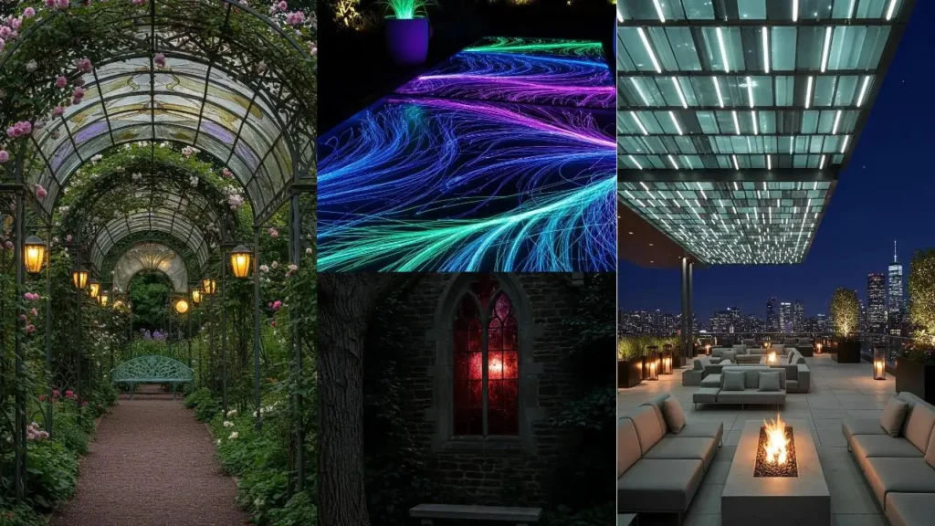 Artistieke buitenverlichting met glazen elementen en constructies in verschillende omgevingen.