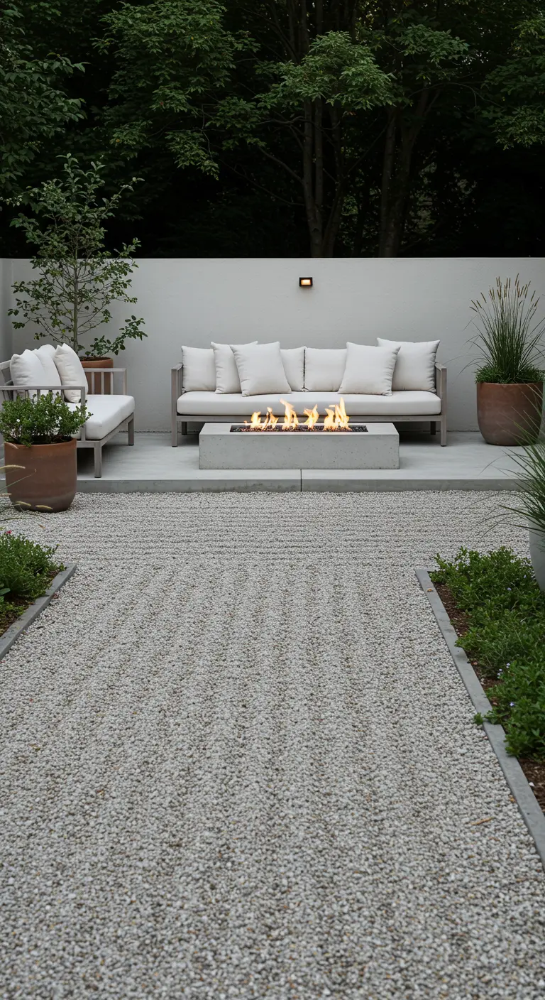 Minimalistische buitenlounge met lichtgrijs grind, betonnen vuurtafel en neutrale meubels.