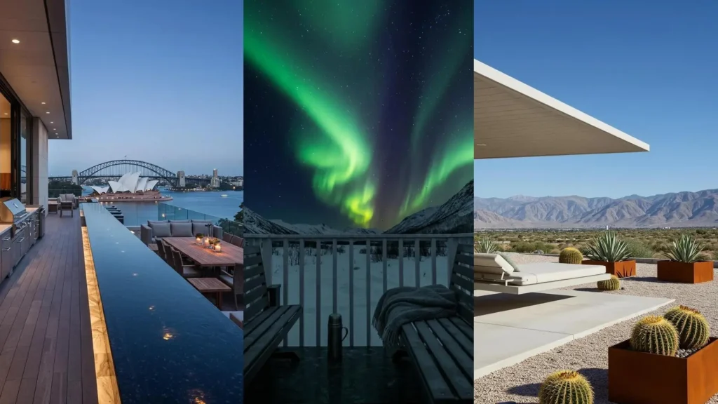 Diverse buitenruimtes met panoramisch uitzicht: stadsgezicht, noorderlicht en woestijn. Rust en harmonie in stijl.