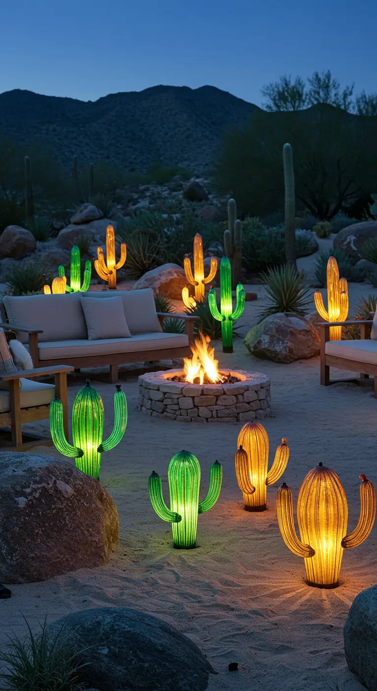 Deserttuin met zitgedeelte rond een vuurplaats, verlicht door diverse felgekleurde cactusvormige glazen lampen.