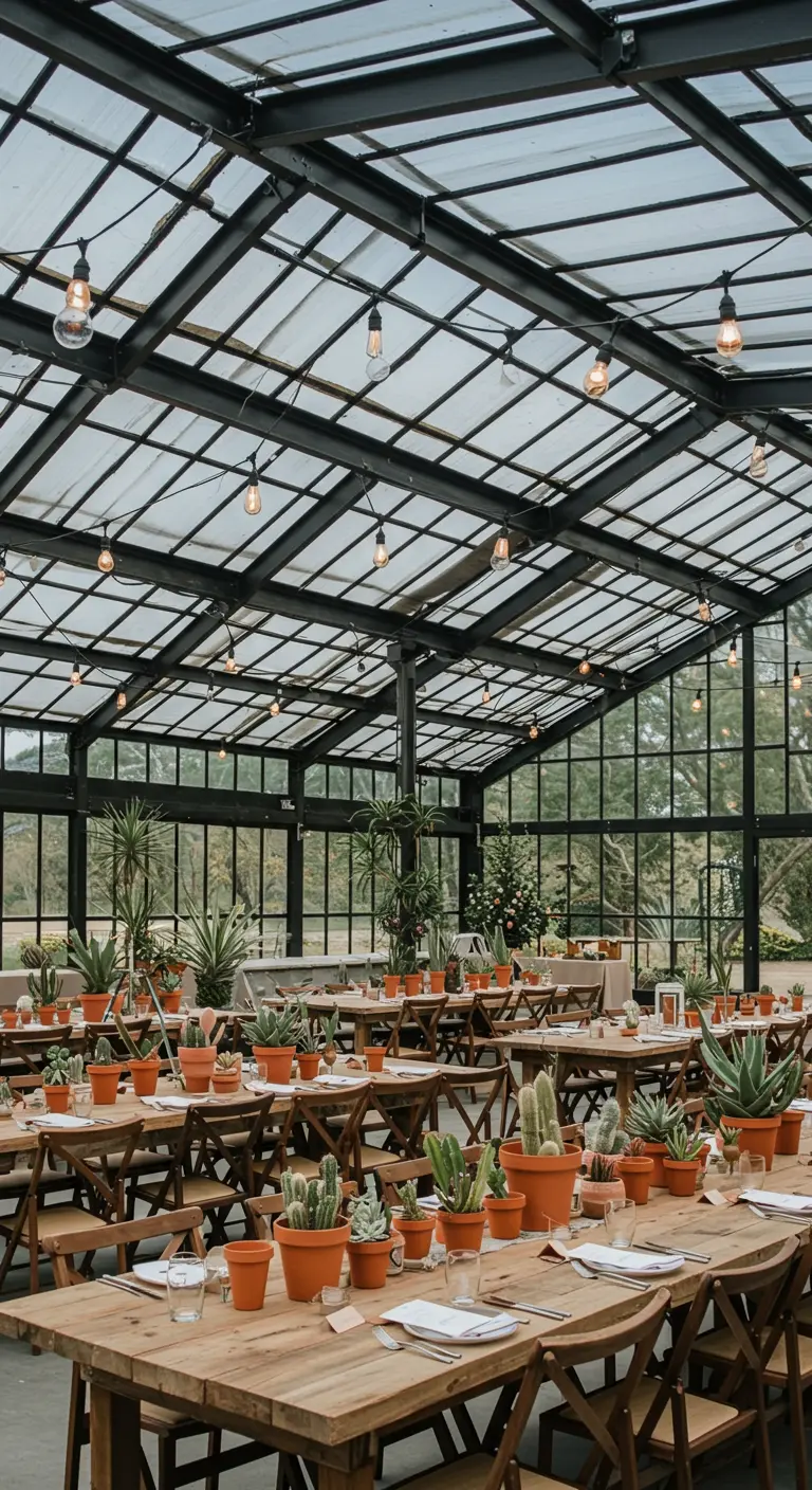 Bruiloftsdiner in een kas met lange houten tafels gedecoreerd met cactussen in terracotta potten.