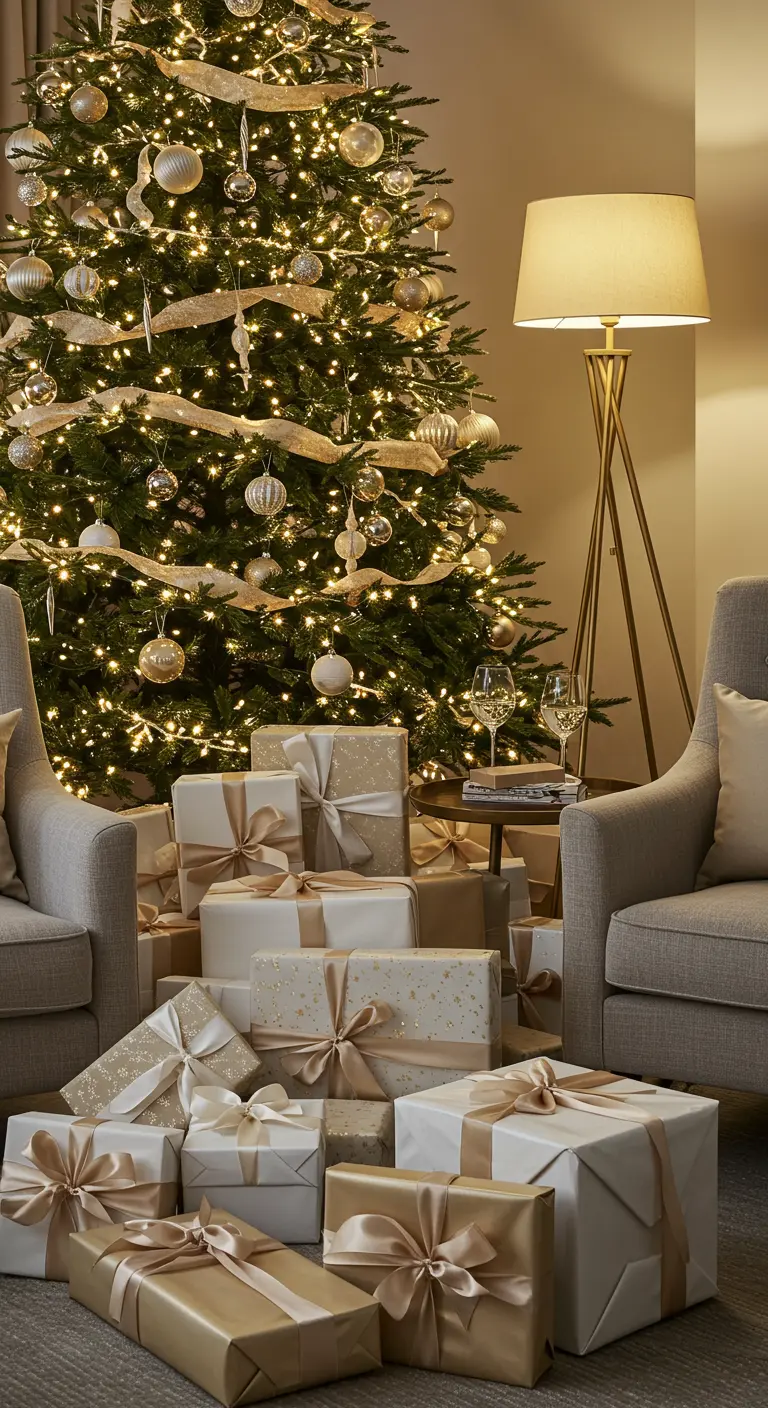 Een stapel stijlvol ingepakte cadeaus in crème en goud met stoffen linten onder de kerstboom.