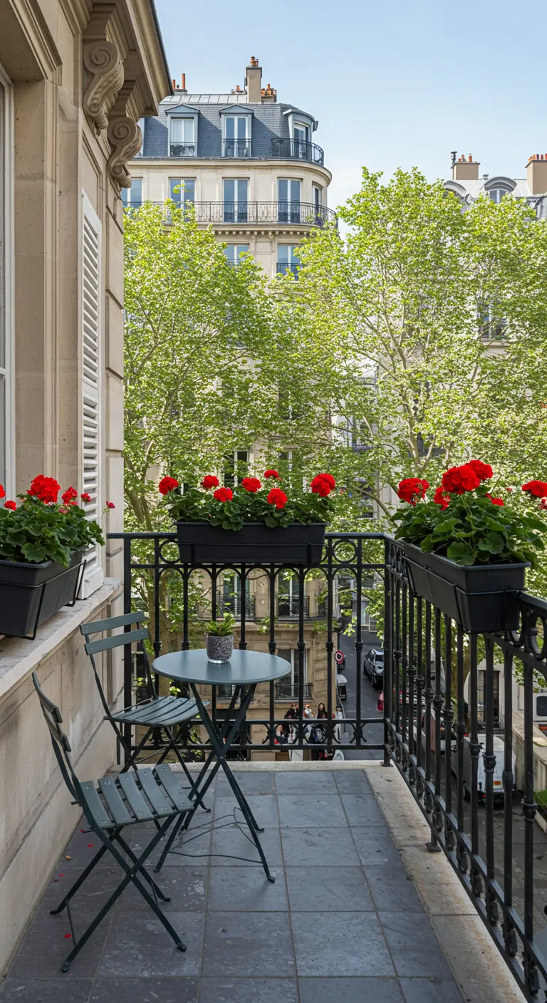 Klein Parijs balkon met een bisttroset en rode geraniums in bloembakken.