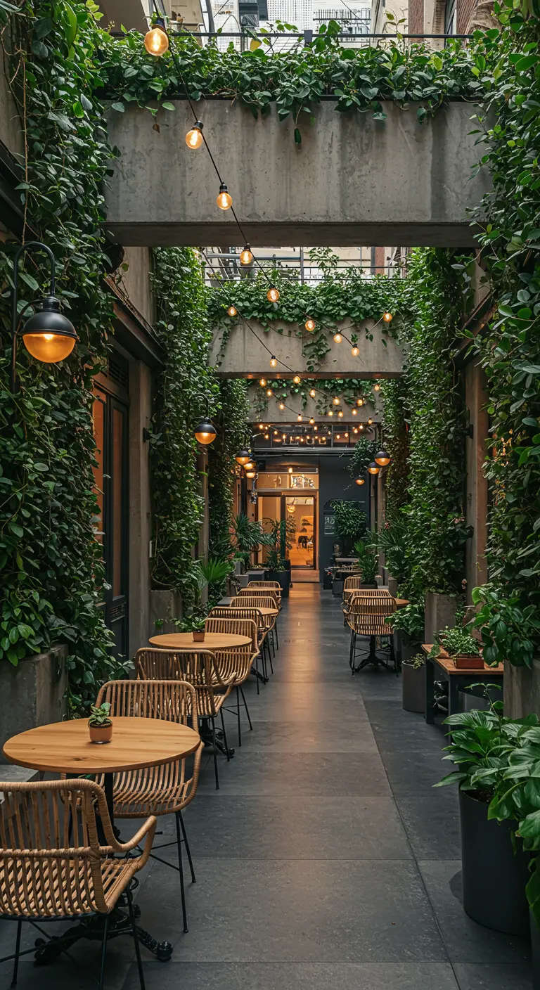 Buitensteeg met groene klimplanten aan muren, houten cafétafels en lichtslingers.