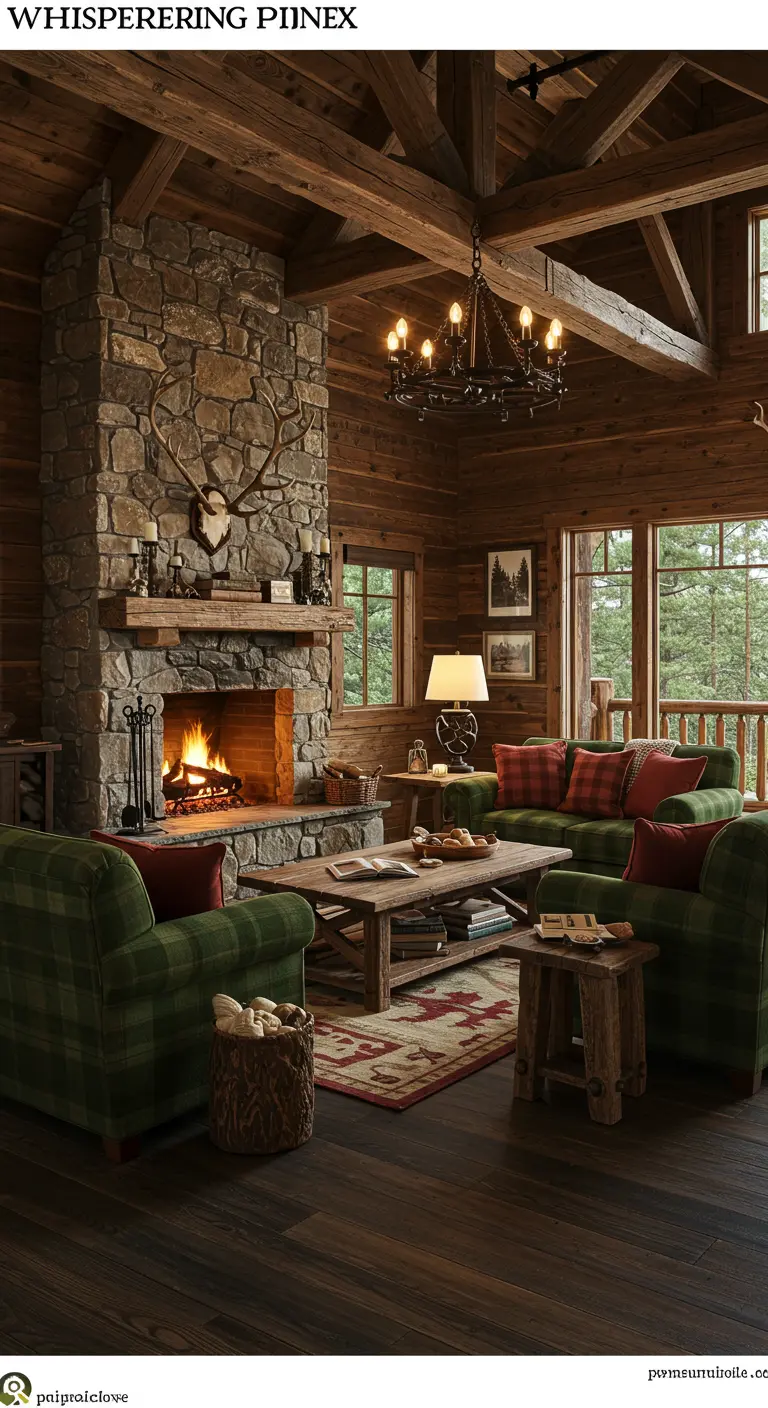 Rustieke log cabin woonkamer met stenen open haard, geruite banken, houten balken.