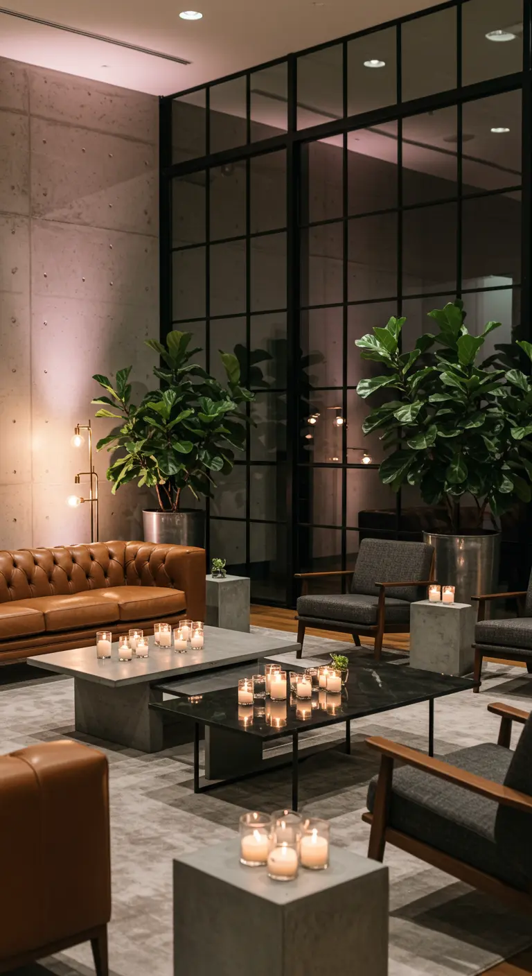 Moderne lounge met betonnen muren, een leren bank en clusters van kaarsen op de tafels.