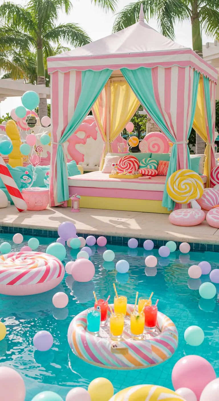 Pastelkleurige cabana bij het zwembad met snoepdecoraties.