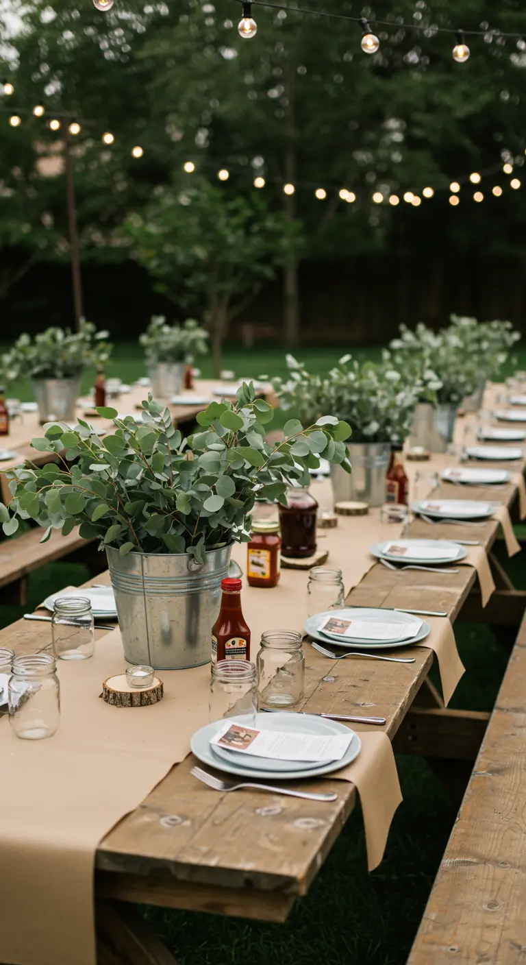 Houten picknicktafels met kraftpapier loper en zinken emmers met eucalyptus.