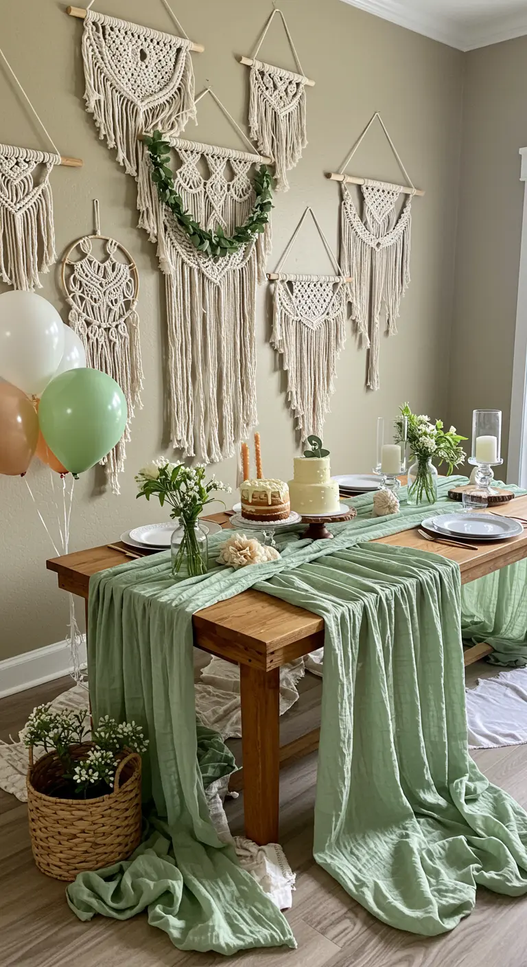 Saliegroene, gekreukte tafelloper ligt gedrapeerd over een houten tafel en op de grond.