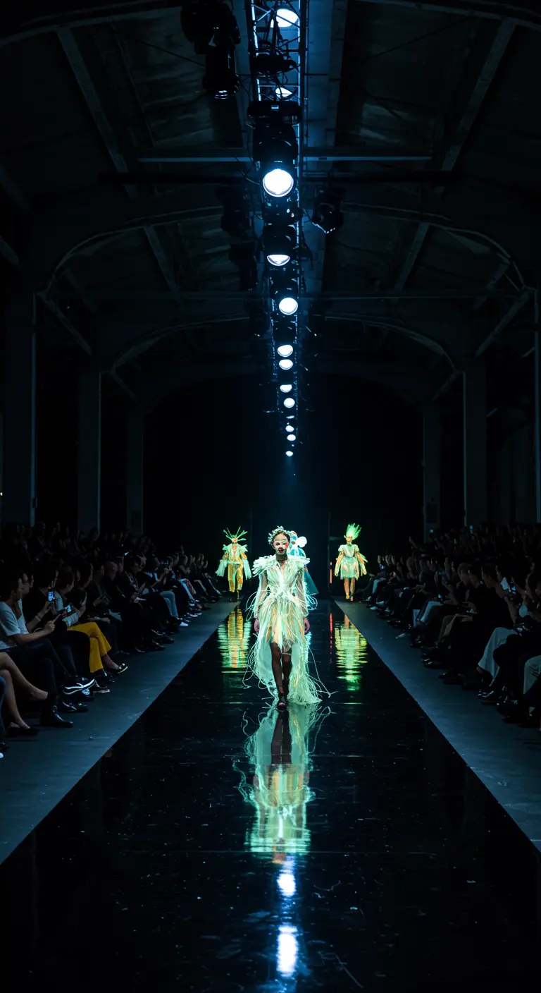 Modellen op een donkere catwalk met felle spotlights.