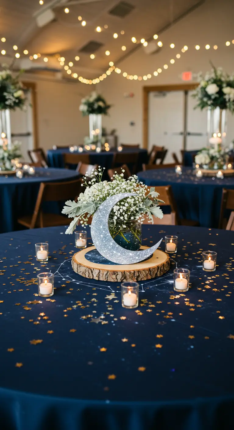 Nachtblauwe tafel met gouden sterren, kaarslicht en een centerpiece met een glittermaan en bloemen.
