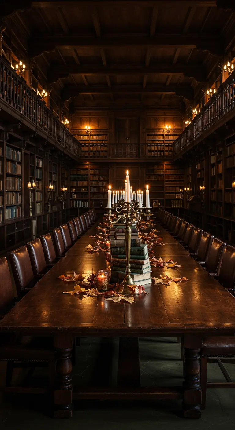Lange donkerhouten tafel in een bibliotheek, met boeken en een kandelaar als centerpiece.