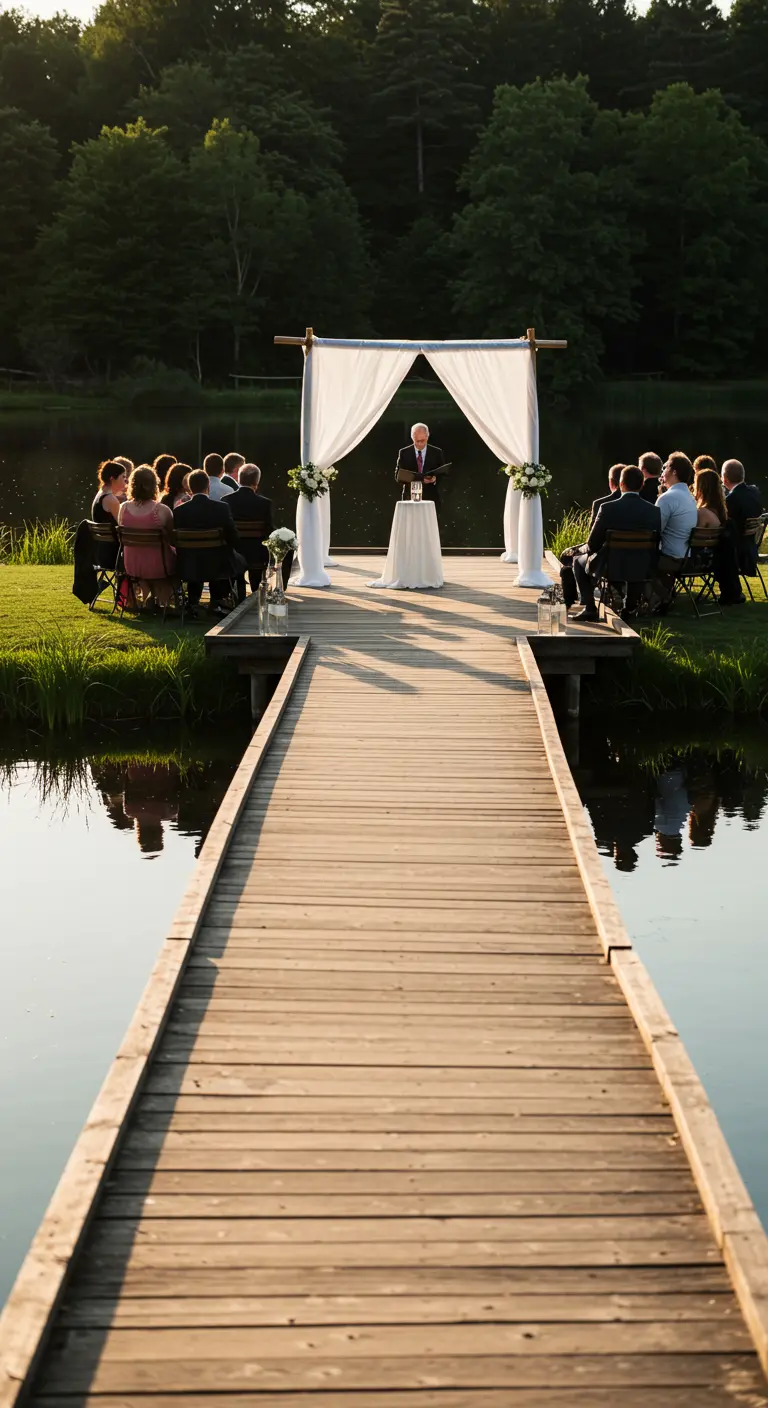 Trouwceremonie op een houten steiger aan het water met een witte stoffen backdrop.