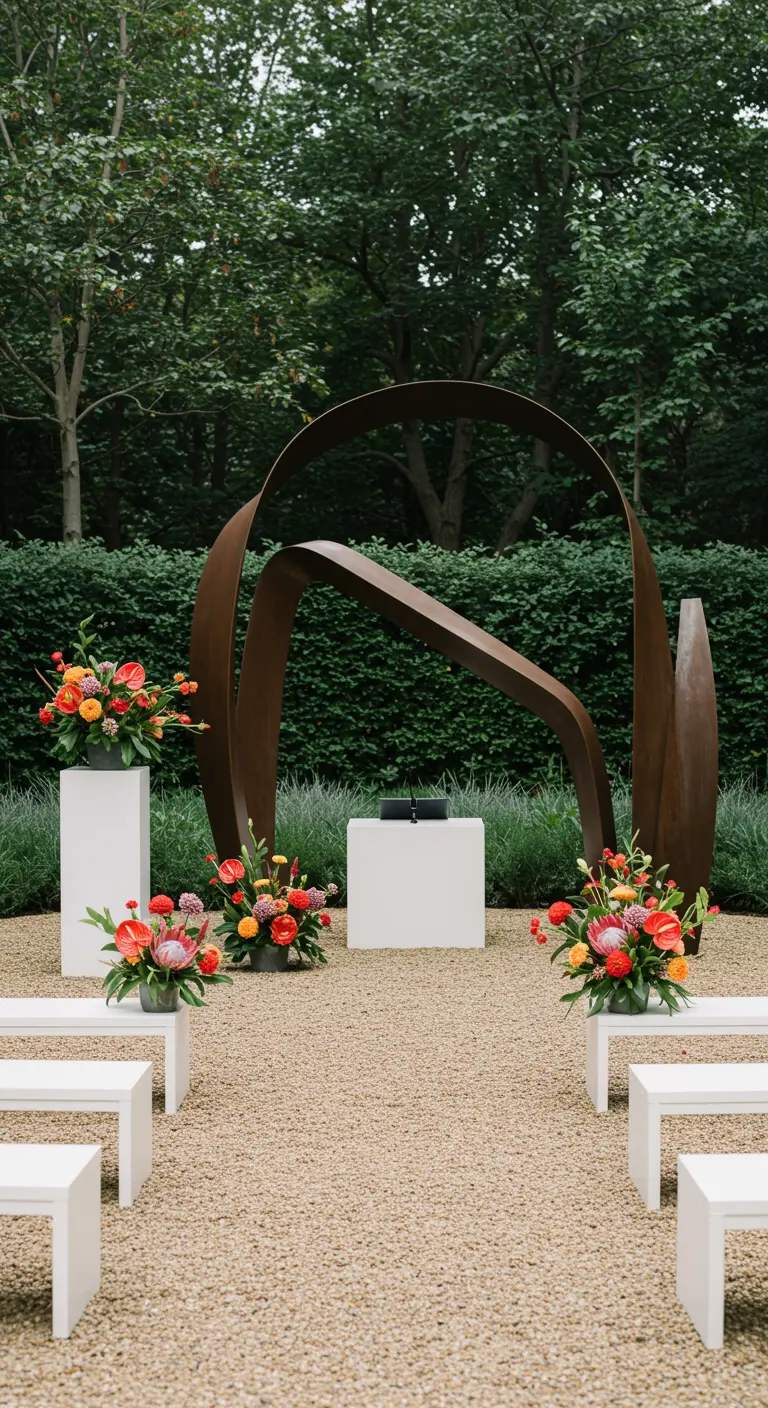 Moderne trouwceremonie voor een groot abstract beeld in een beeldentuin.