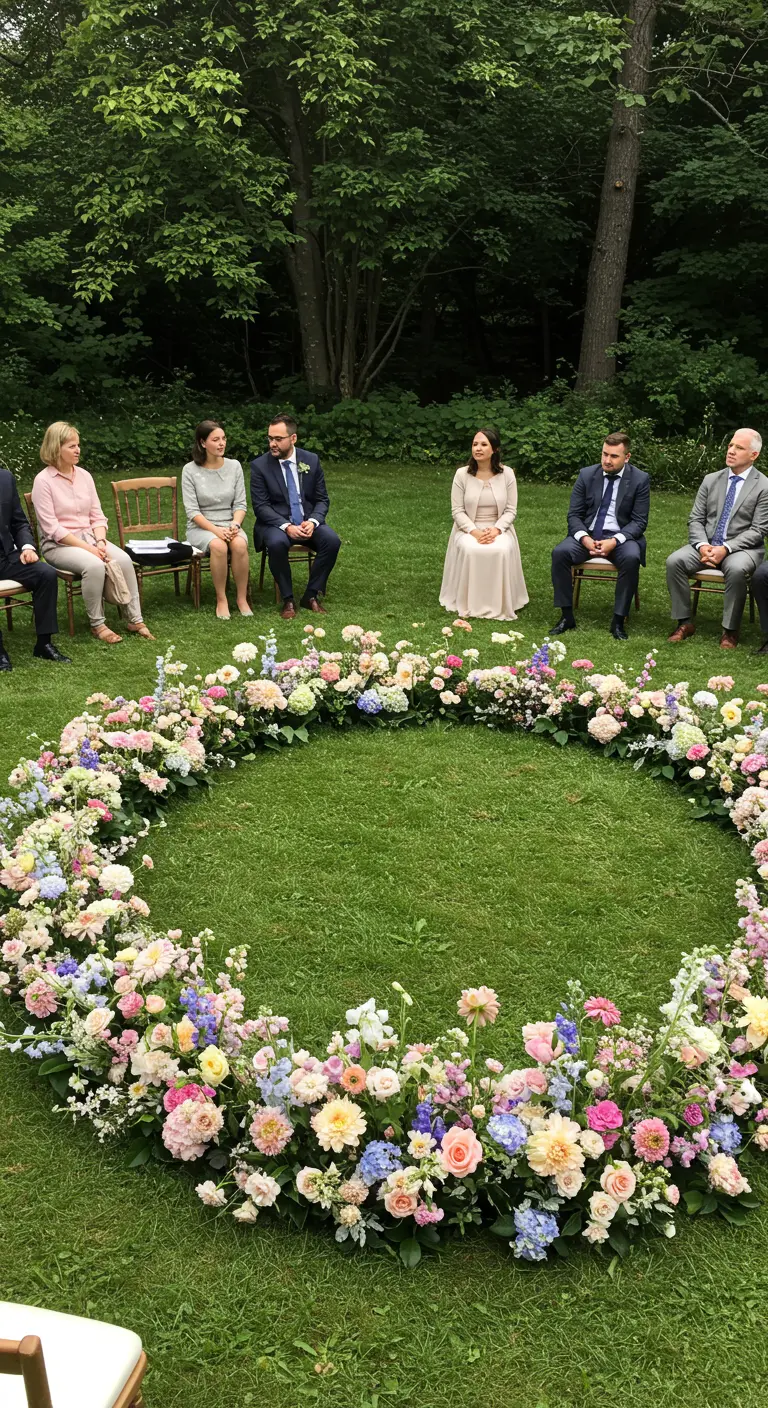 Intieme ceremonie in een cirkelopstelling, met een grote bloemenkrans op het gras in het midden.