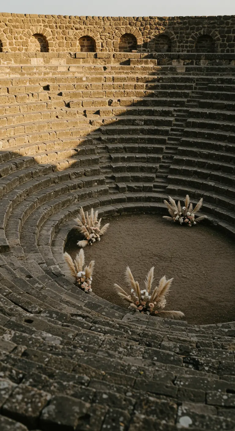 Minimale ceremonie-opstelling met vier grote pampasgras-arrangementen in een oud stenen amfitheater.