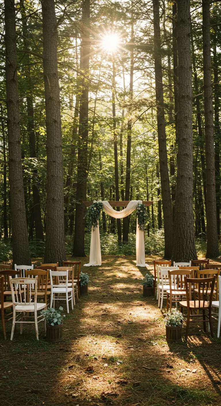 Ceremonie-opstelling in het bos met houten stoelen en een versierde trouwboog.