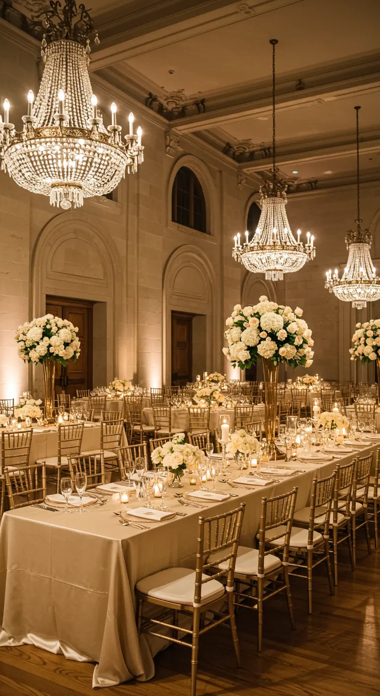 Elegante trouwzaal met ronde tafels, champagnekleurige kleden, gouden stoelen en kristallen kroonluchters.