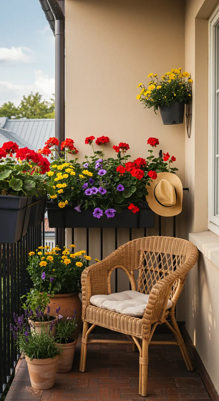 Klein balkon met rotan stoel, strohoed en diverse kleurrijke bloempotten.