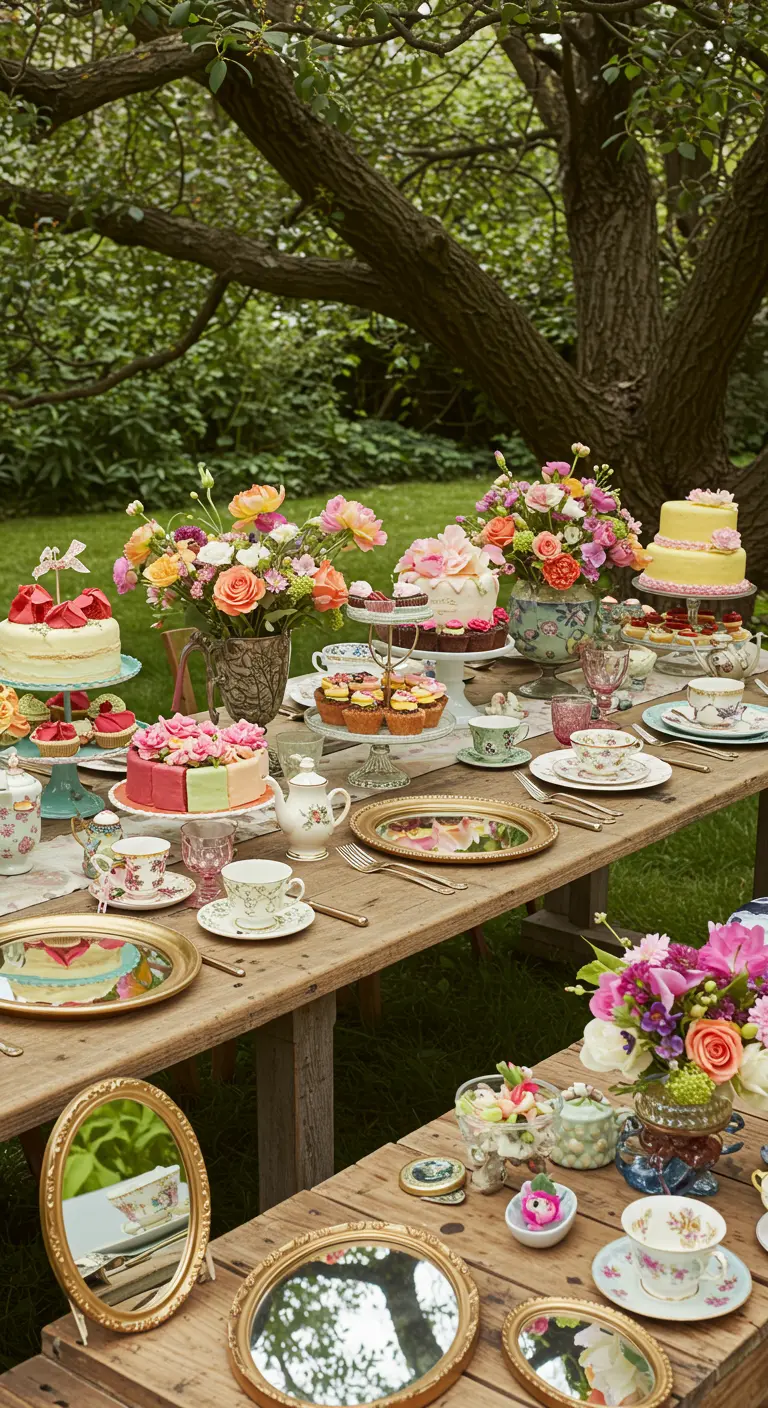High tea in de tuin met taartjes, servies en kleine ovale spiegeltjes op tafel.