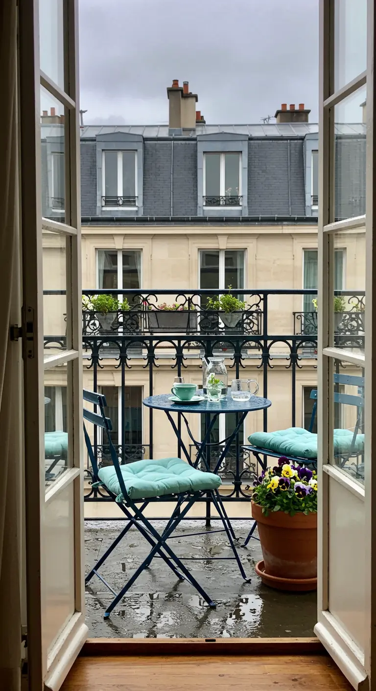 Donkergroene bistrosset op een nat balkon met uitzicht op Parijse daken.