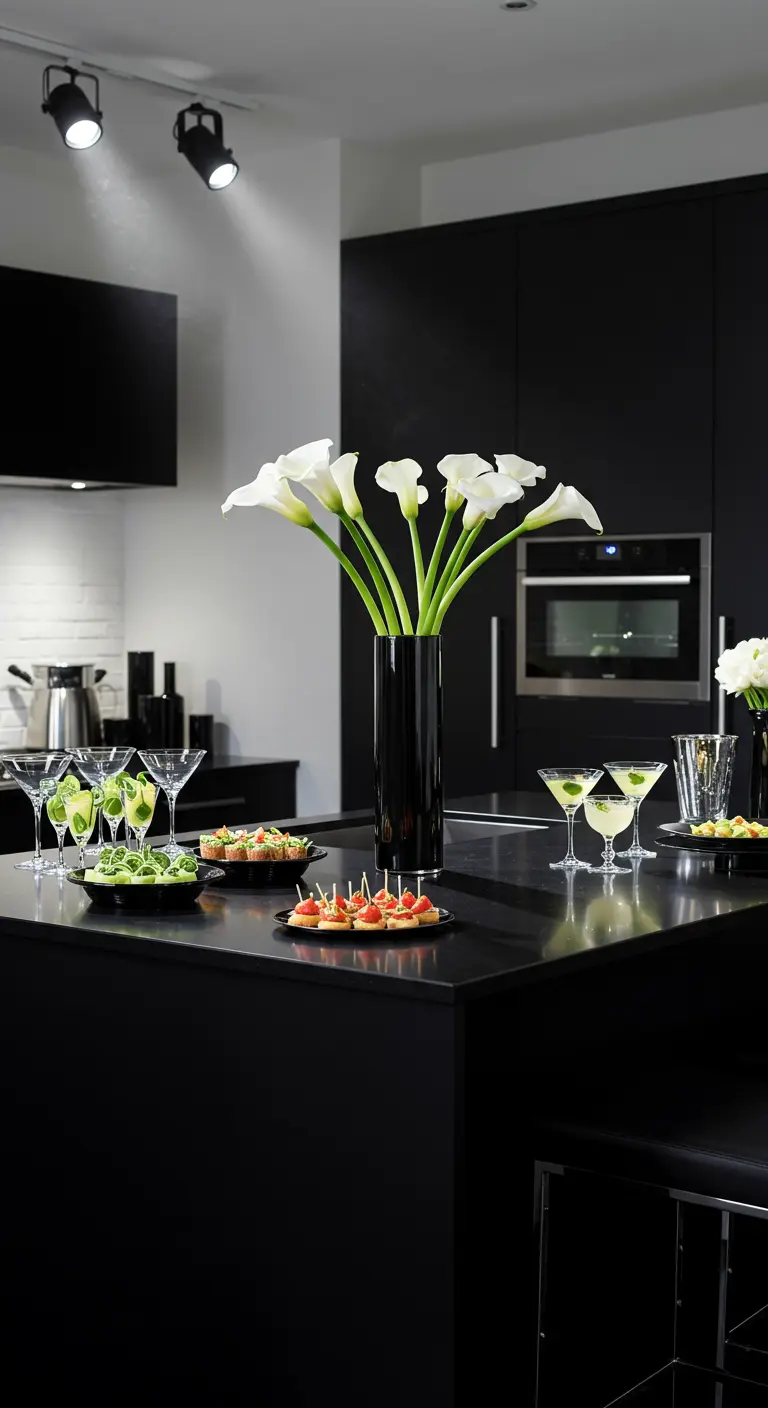 Strak zwart keukeneiland met witte calla's en verfijnde cocktails.
